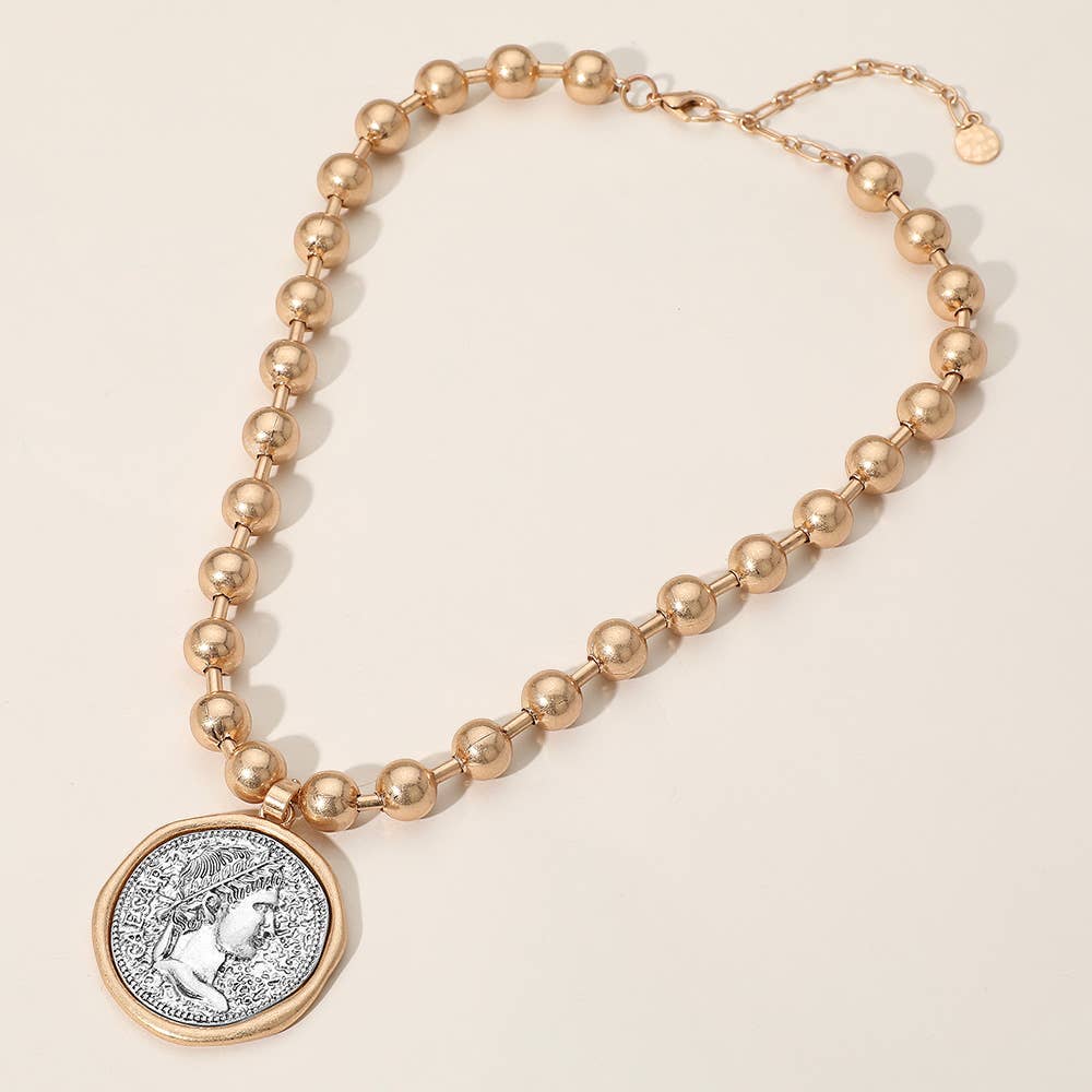 Worn Metal Roman Caesar Medal Pendant Beaded Necklace