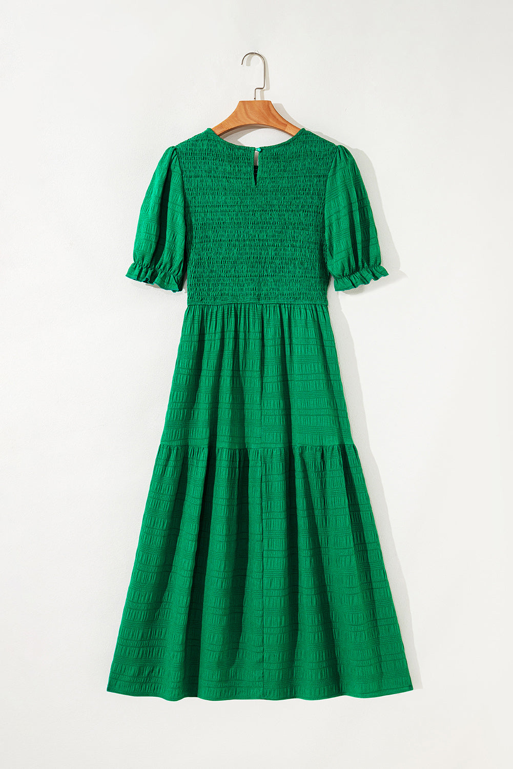 Dark Green Solid Textured Shirred High Waist Midi Dress