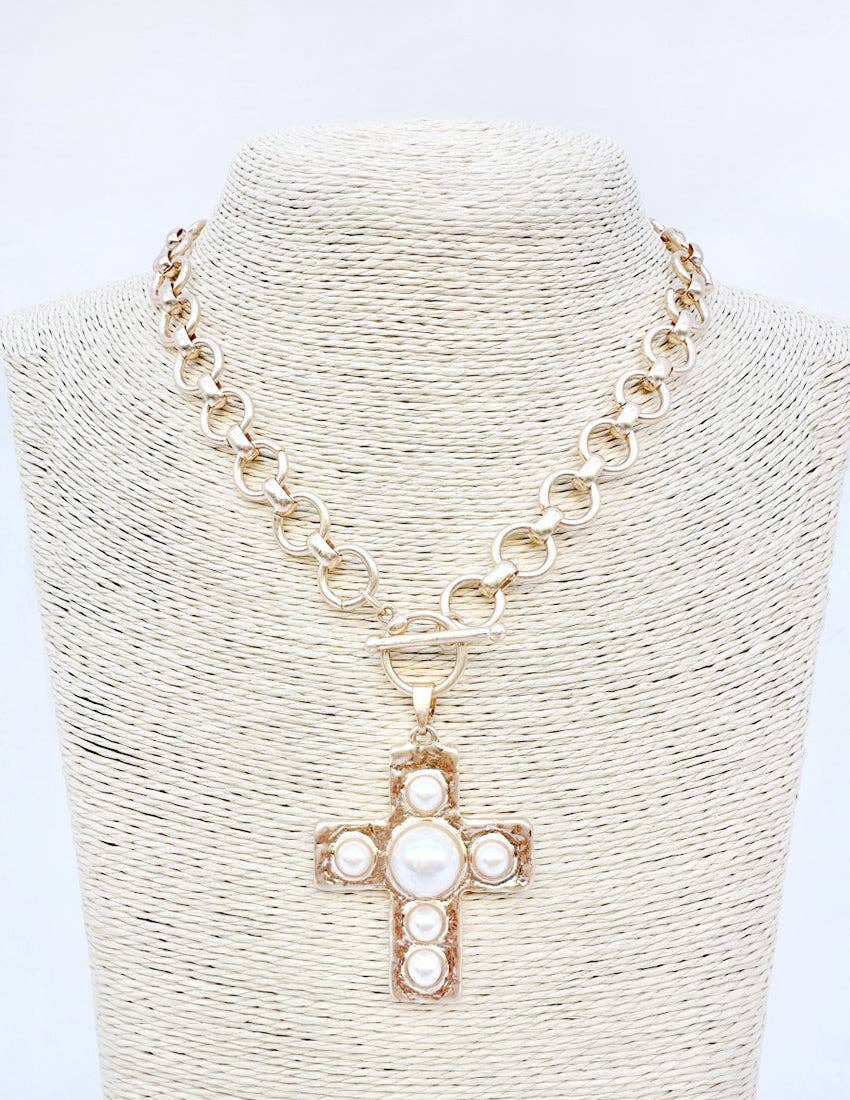 Gold Circle Chain with 1.75" Cross with Pearl Accents 18" Necklace