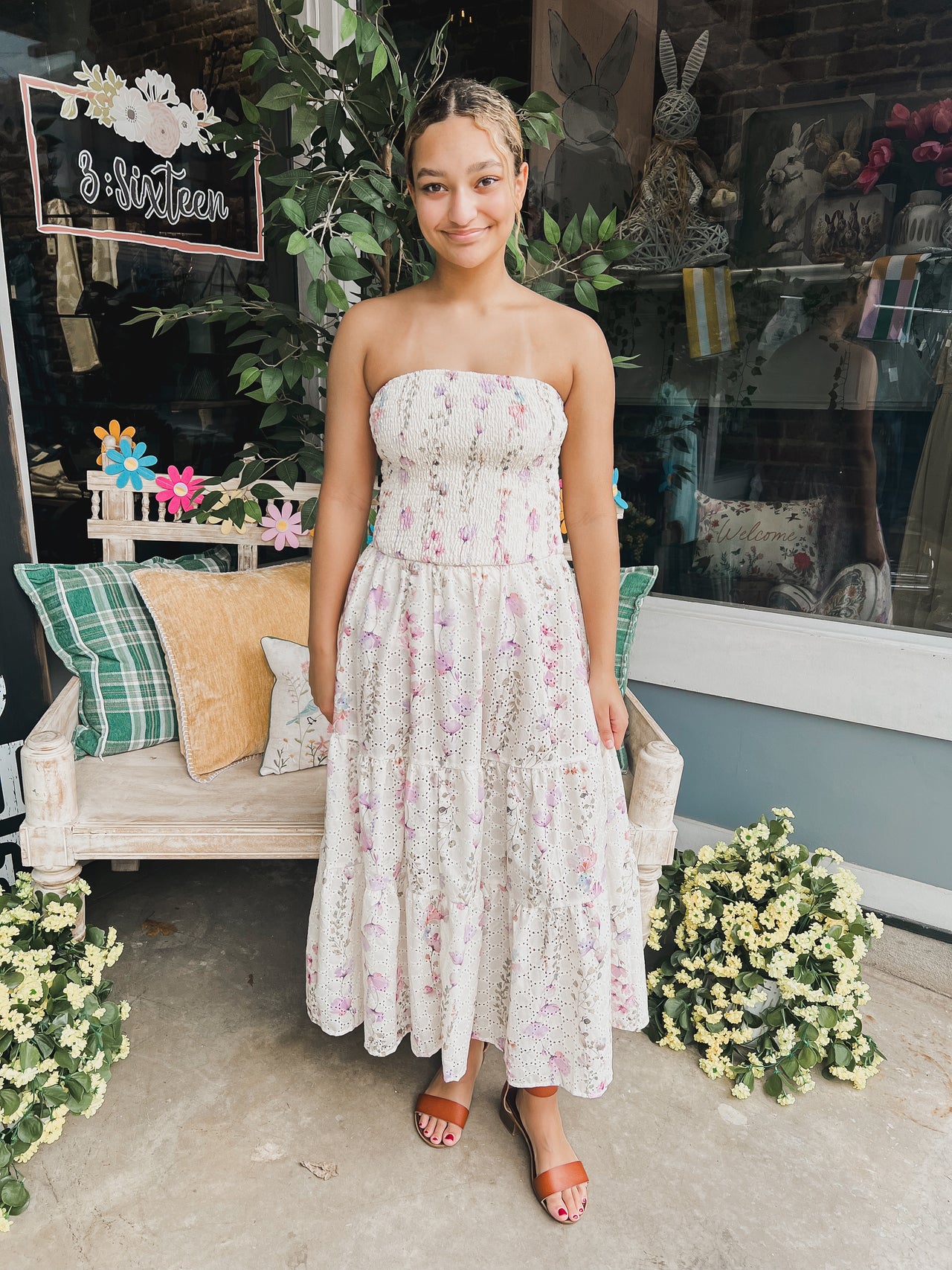 Strapless Smocked Floral Dress