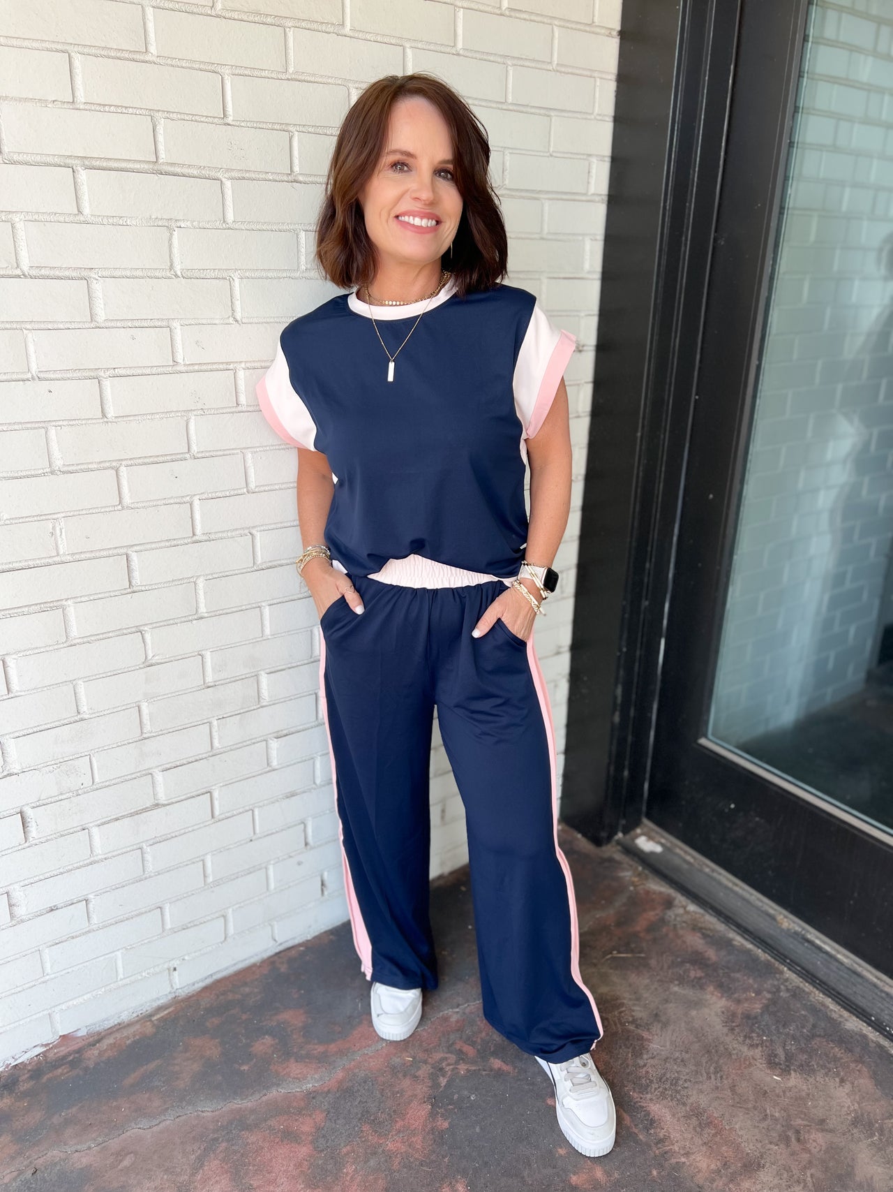 Color Block Detail Casual Two-piece Set Navy Blue