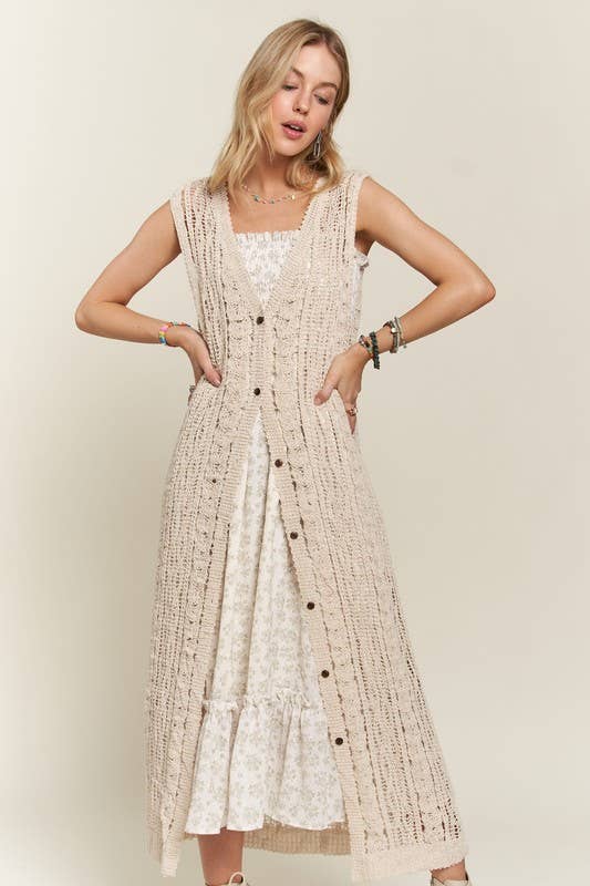 BUTTON DOWN CROCHET LONG CARDIGAN