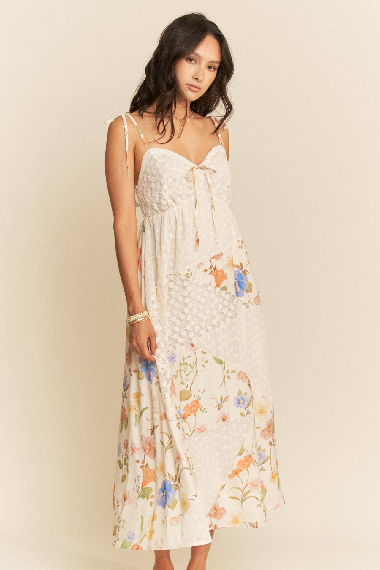 FLORAL LACE FABRIC DETAIL MAXI SLIP DRESS