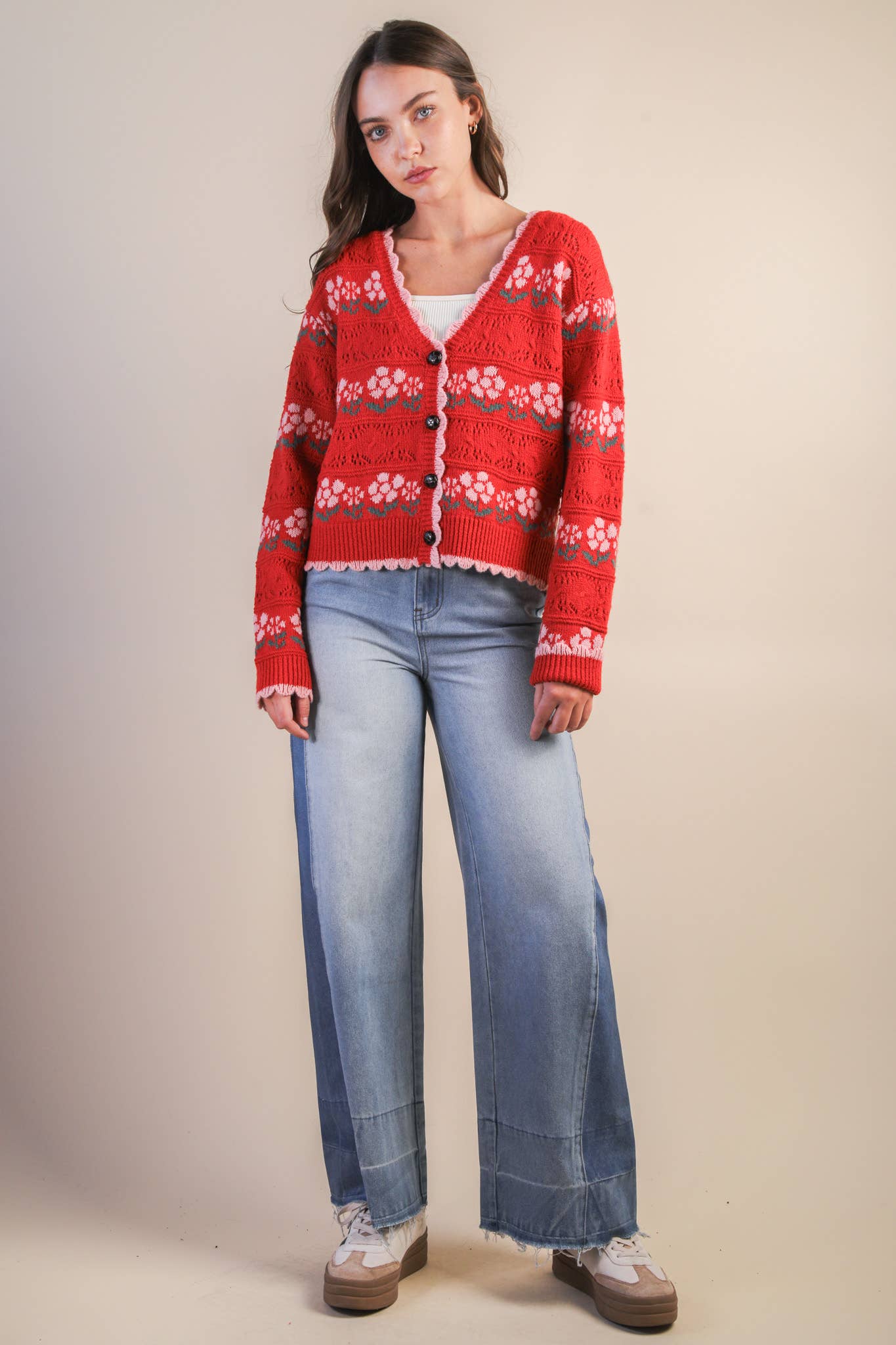 Floral Graphic Detail Knit Sweater Cardigan