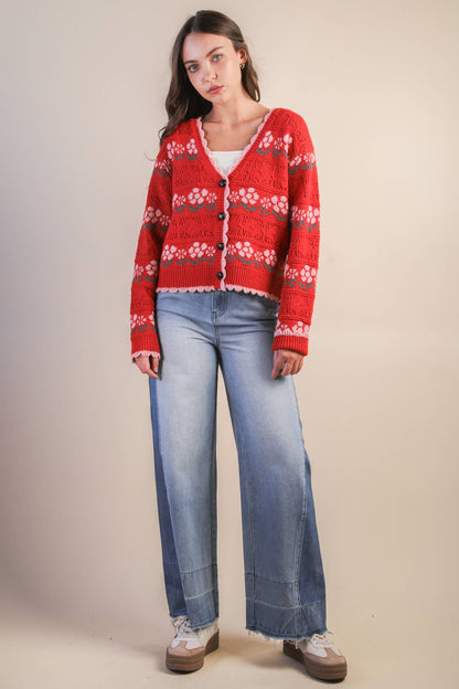 Floral Graphic Detail Knit Sweater Cardigan