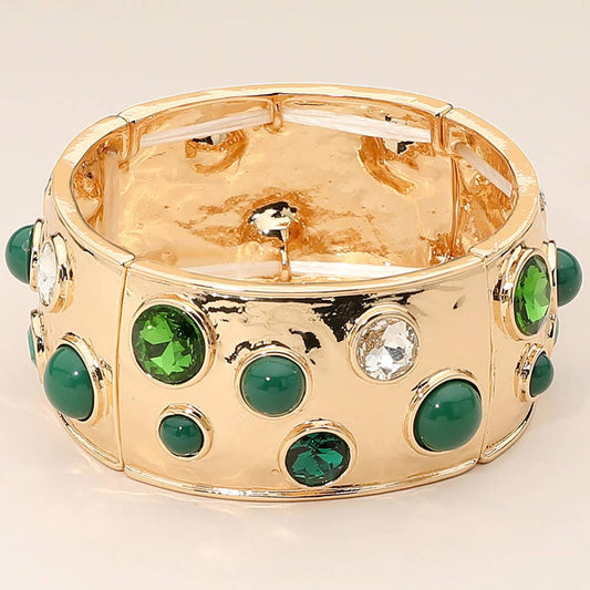 Glass Stone Studded Wide Bangle Statement Stretch Bracelet