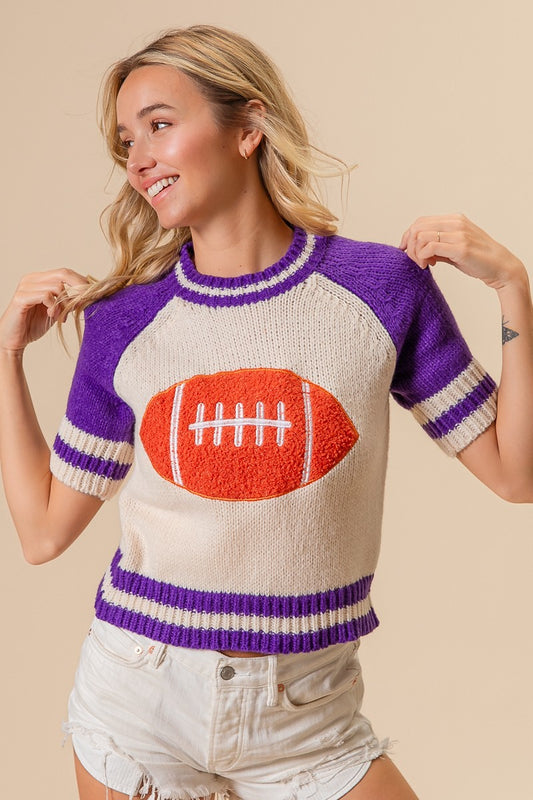 Football Striped Band Short Sleeve Sweater