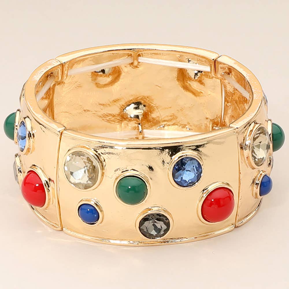 Glass Stone Studded Wide Bangle Statement Stretch Bracelet