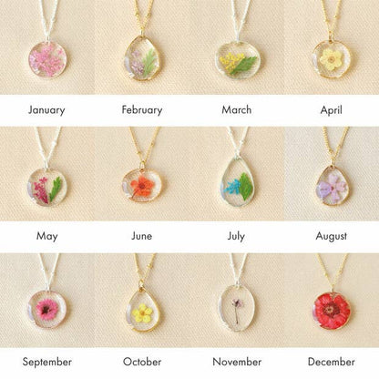 Pressed Birth Flower Pendant Necklace