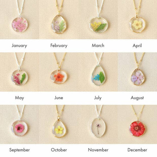 Pressed Birth Flower Pendant Necklace