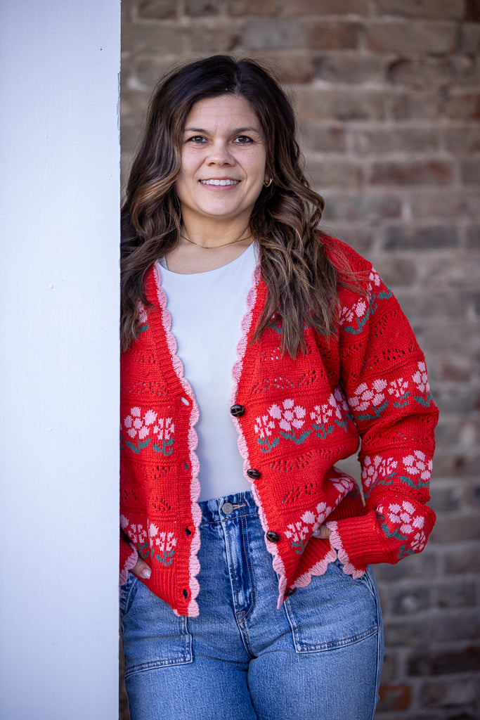 Floral Graphic Detail Knit Sweater Cardigan