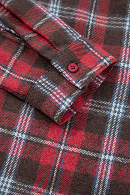 Red Plaid Print Collared V Neck Loose Blouse with Side Slits