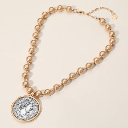 Worn Metal Roman Caesar Medal Pendant Beaded Necklace
