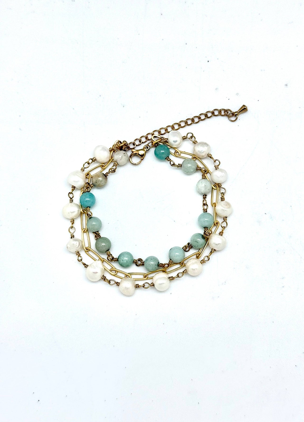 Bracelet Freshwater Pearl,Amazonite(6mm)Paper Clip 7”w/2”ext