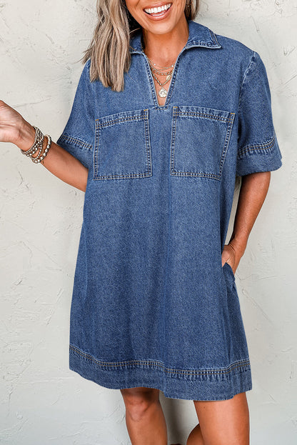 Blue Short Sleeve Collared Chest Pocket Denim Mini Dress