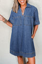 Blue Short Sleeve Collared Chest Pocket Denim Mini Dress