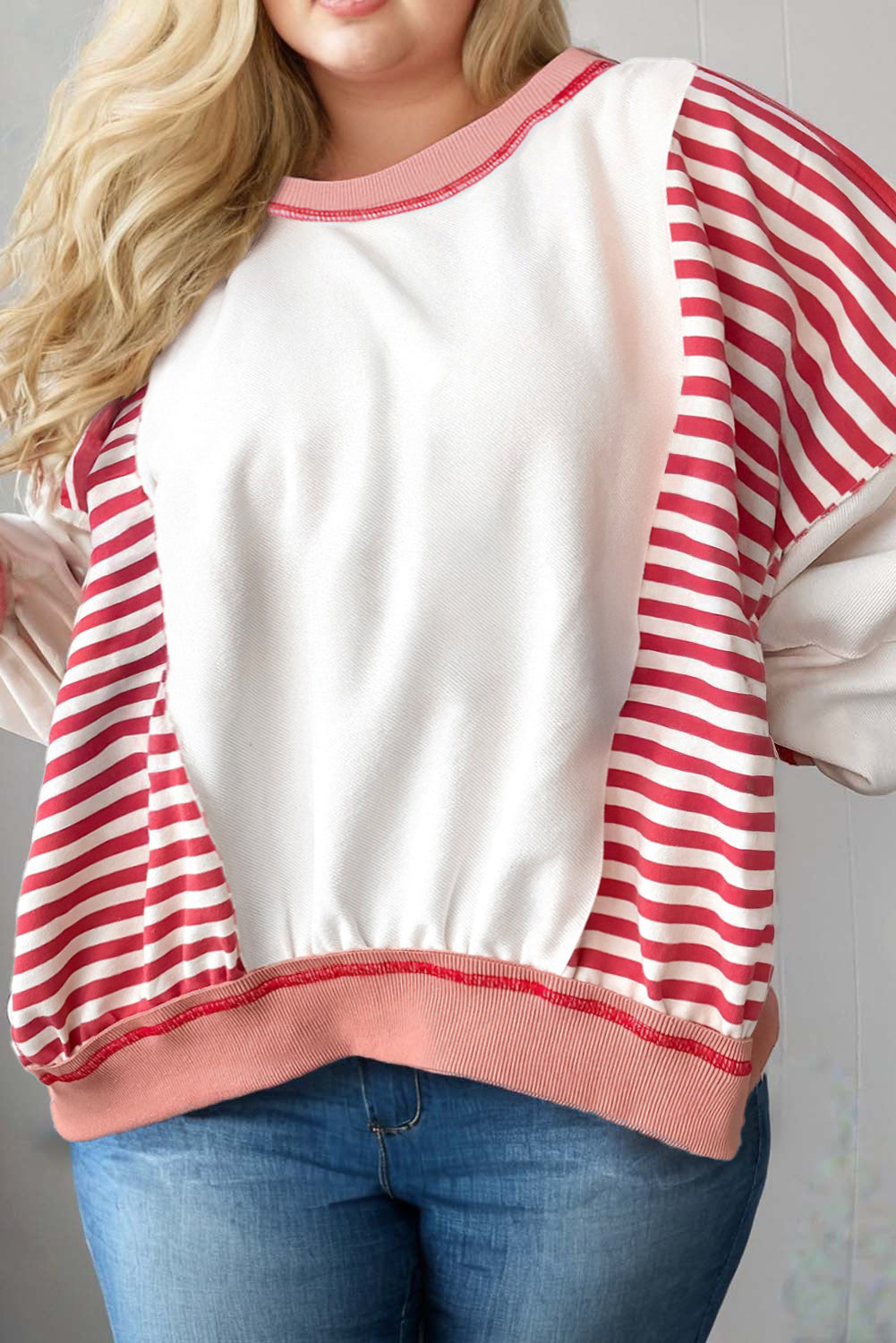 PLUS SIZE Red Stripe Colorblock Patchwork Stitching Detail Sweatshirt