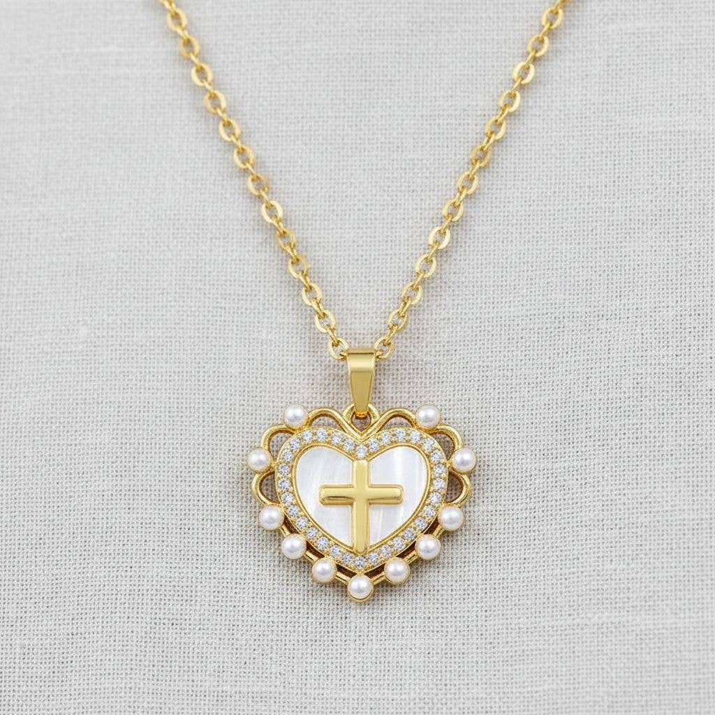 Heart Cross Pendant Necklace with Full Crystal Design