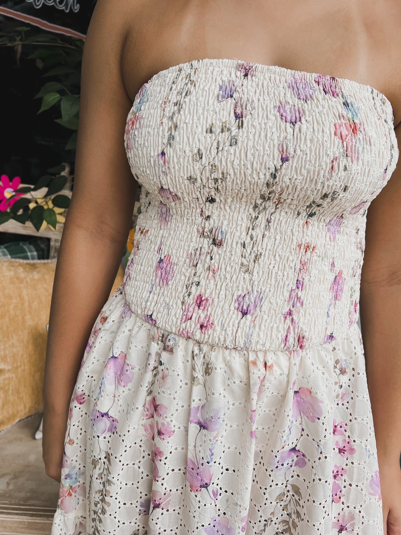Strapless Smocked Floral Dress
