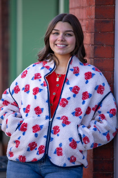 Oversized Floral Printed Fleece Sherpa Jacket