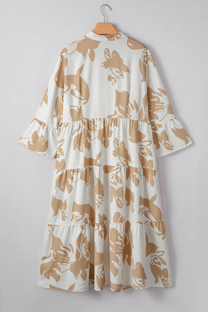 PLUS SIZE Khaki Abstract Print Ruffle Sleeve Tiered A-line Long Dress