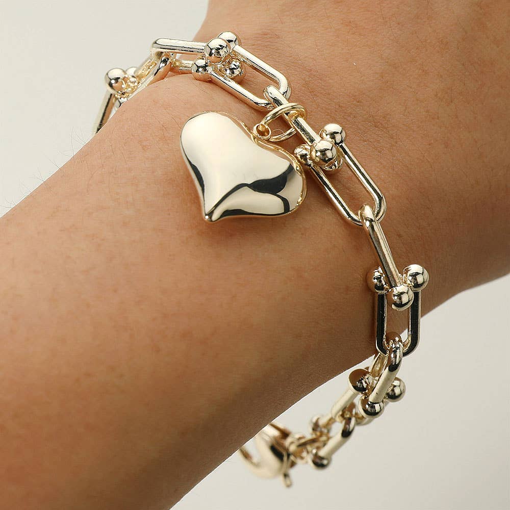 14K Gold Plated Heart Charm Industrial Chain Link Bracelet