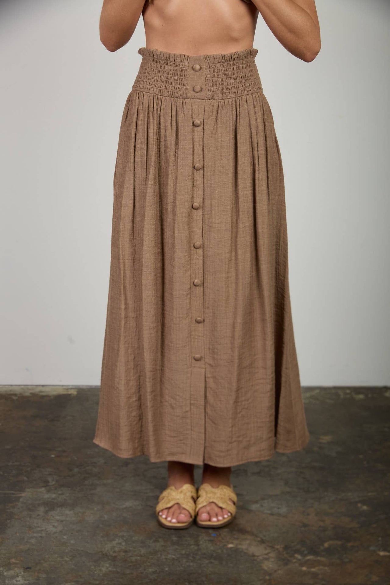 SMOCKED WAIST RUFFLE DETAIL BUTTON DOWN MIDI SKIRT
