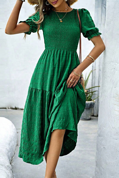 Dark Green Solid Textured Shirred High Waist Midi Dress