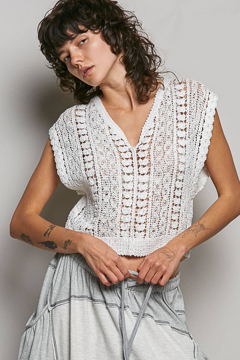 V-Neck Sleeveless Solid Crochet Top