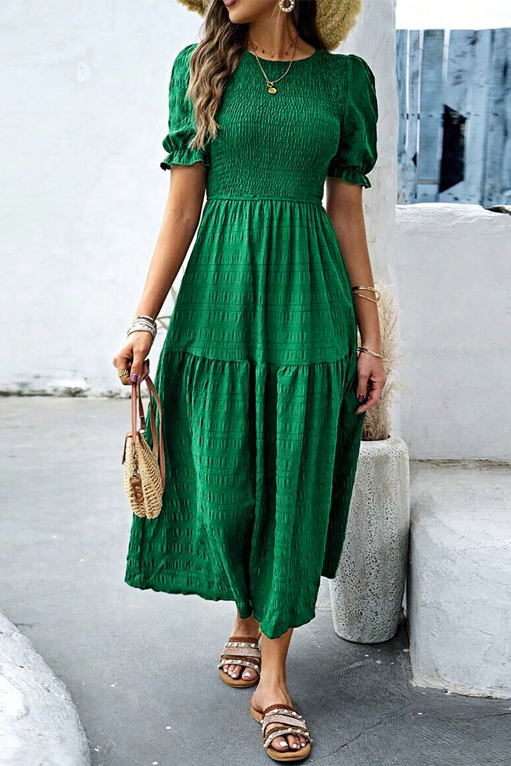 Dark Green Solid Textured Shirred High Waist Midi Dress