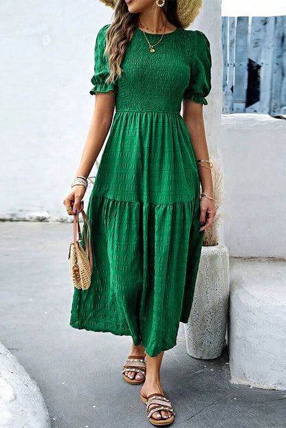 Dark Green Solid Textured Shirred High Waist Midi Dress