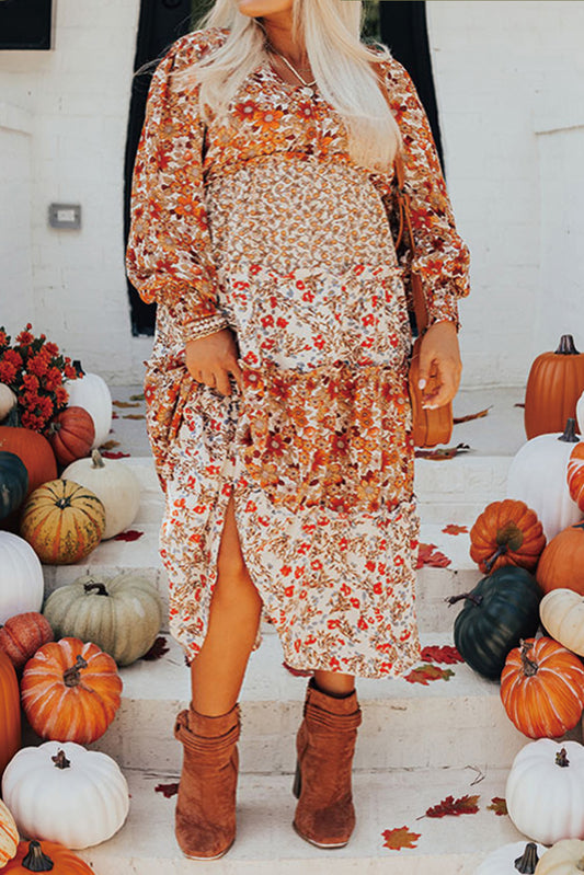 PLUS SIZE Khaki Frill Tiered High Waist Floral Dress