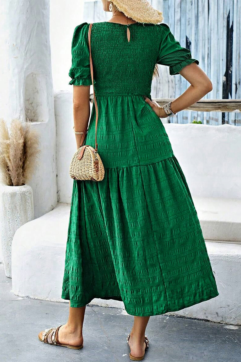 Dark Green Solid Textured Shirred High Waist Midi Dress