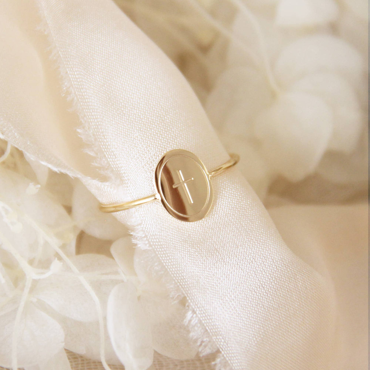 Gold Oval Engraved Cross Ring