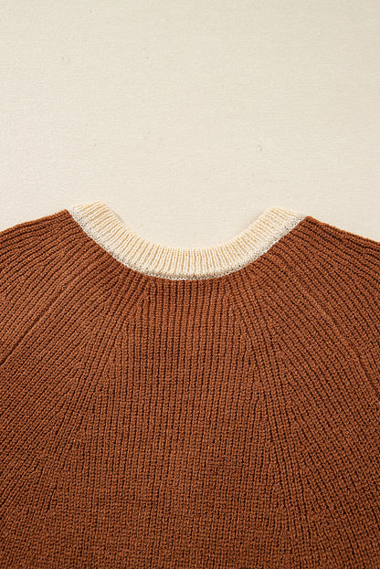 Chestnut Contrast Color V Neckline Knit Cardigan