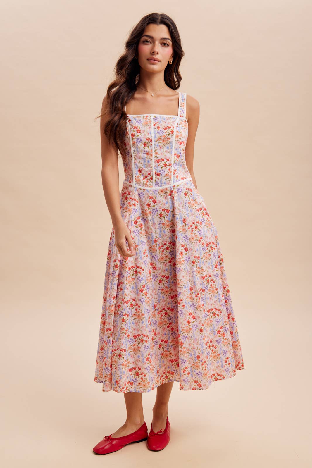 CONTRAST PIPED FLORAL MAXI DRESS