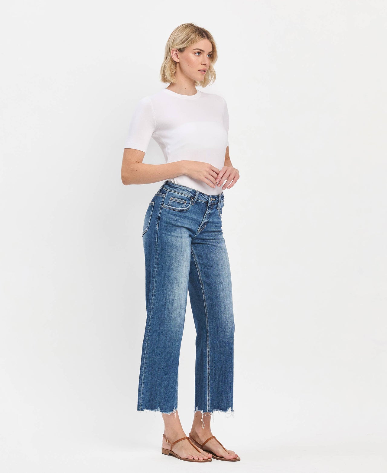 Mid Rise Raw Hem Wide Leg