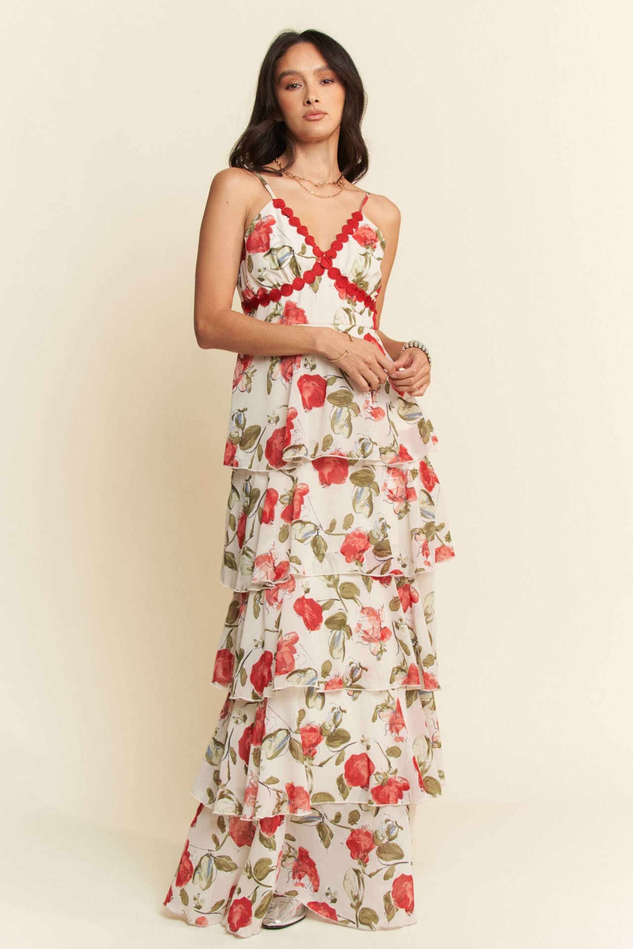 CONTRAST RING LACE TIERED RUFFLE MAXI DRESS