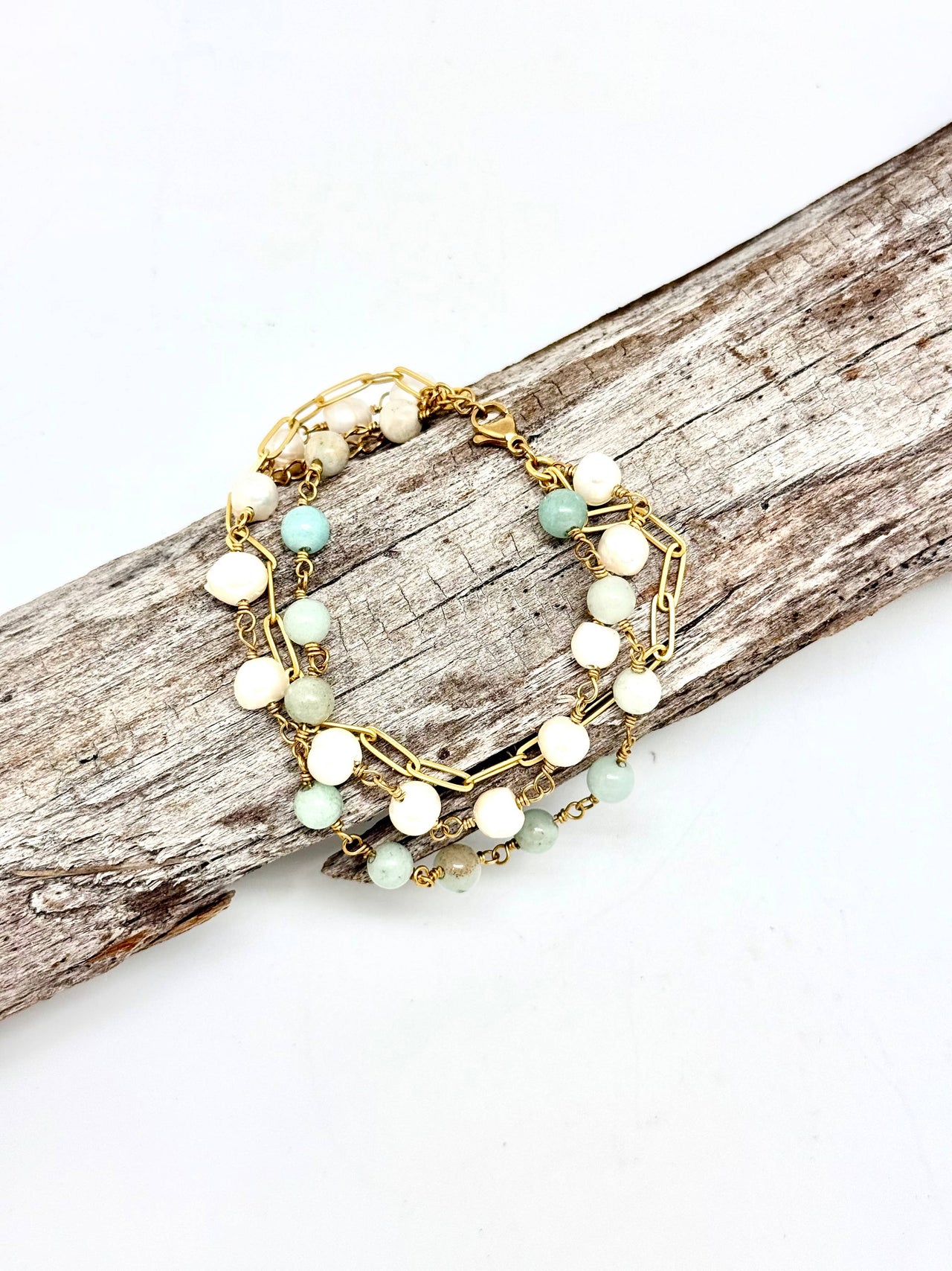 Bracelet Freshwater Pearl,Amazonite(6mm)Paper Clip 7”w/2”ext