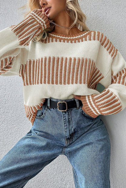 Khaki Two Tone Striped Patchwork Drop Shoulder Sweater