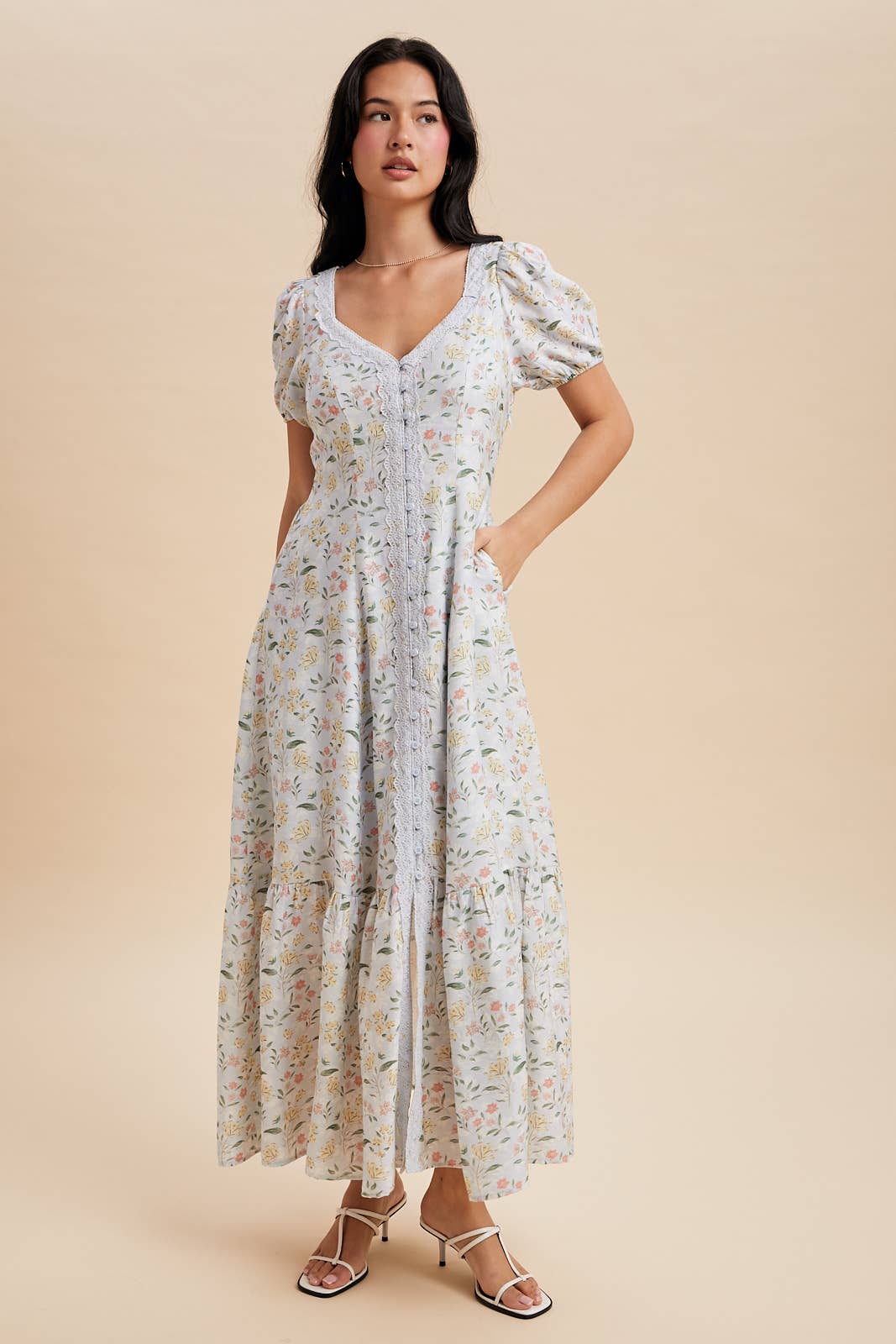 LACE TRIM BUTTON DOWN MAXI DRESS