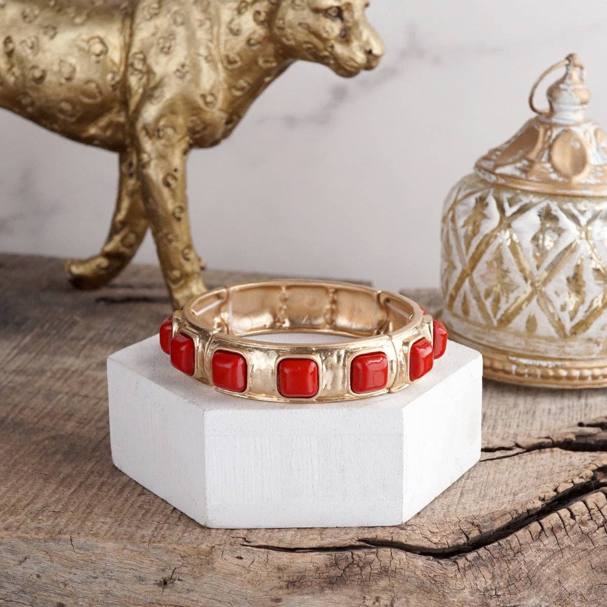 Eternal Glow – Eternity Stretchy Bangle with Cabochons or Pearls: Red