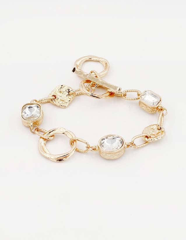 Gold Textured Open Circles with Clear Stone Bracelet