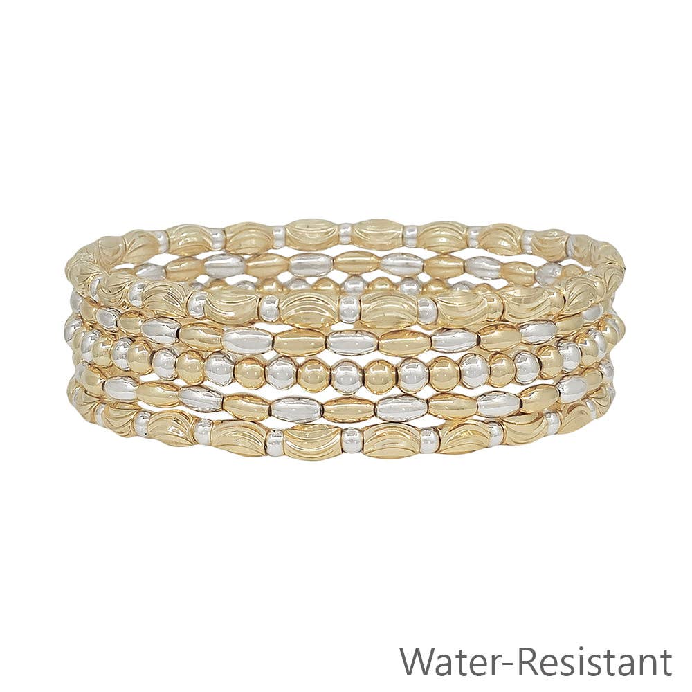 Gold and Silver Beaded and Textured Oval Set of 5 Stretch Bracelets