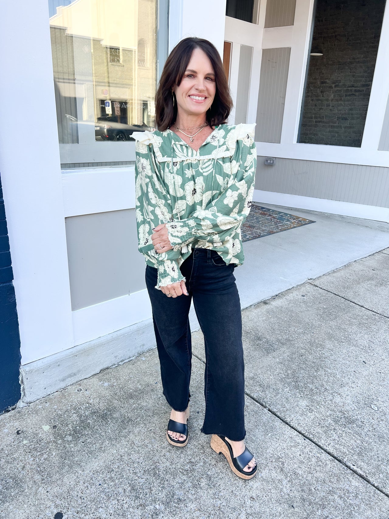 Olive Flower Woven Top