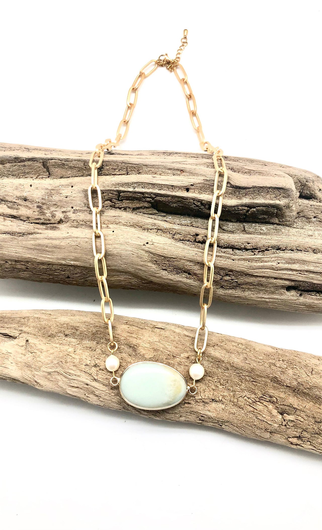 Necklace Matte Paper Clip Chain w/Jasperw/FreshwaterPearl18”