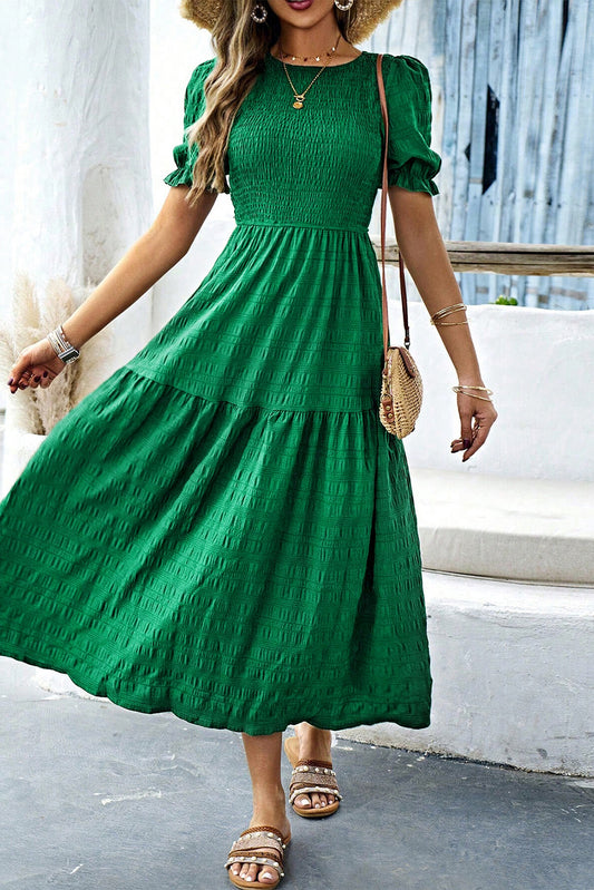 Dark Green Solid Textured Shirred High Waist Midi Dress