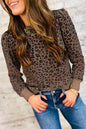 Brown Ribbed Trim Leopard Print Long Sleeve Top
