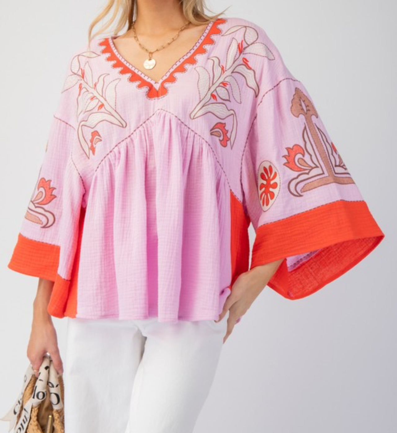 Lilac/Red Embroidered Top