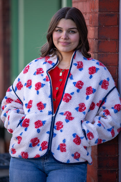 Oversized Floral Printed Fleece Sherpa Jacket